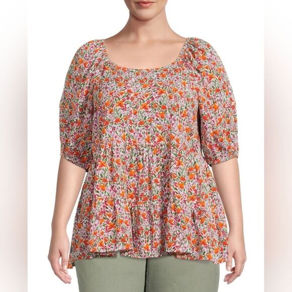 Women's Plus Size Puff‎ Sleeve Square Neck Babydoll fall Top - Picture 2 of 10